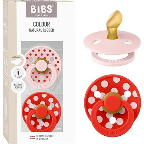 BIBS Polka Dots Pacifier 2-Pack, BPA Free Pacifiers with a Anatomical Latex Nipple, Made in Scandinavia, Size 1 (0-6 Months), Blossom/Candy Apple