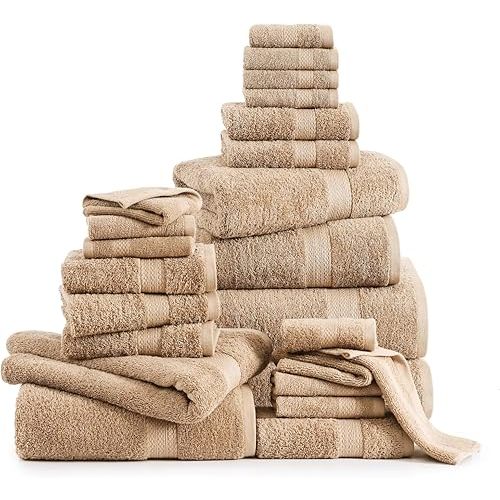 LANE LINEN 100% Cotton Bathroom Towels Set - 24 Pcs - Ring Spun Technology - 2 Bath Sheets, 4 Fingertip, 4 Bath, 6 Hand Towels, 8 Washcloths - Very Soft & Absorbent Even After Multiple Washes - Beige