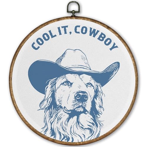 TLESKE Blue Preppy Cowboy Dog Round Wall Art Decor Framed 10x10, Trendy Western Canvas Wall Art Prints Artwork, Retro Wall Hanging Room Door Decor for Teen Boys Dorm Room Living Room Bedroom