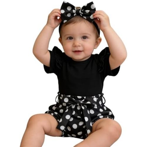 Newborn Baby Girl Set Ruffled Sleeve Romper Polka Dots Shorts Bloomers Bowknot Headband Boutique Clothes