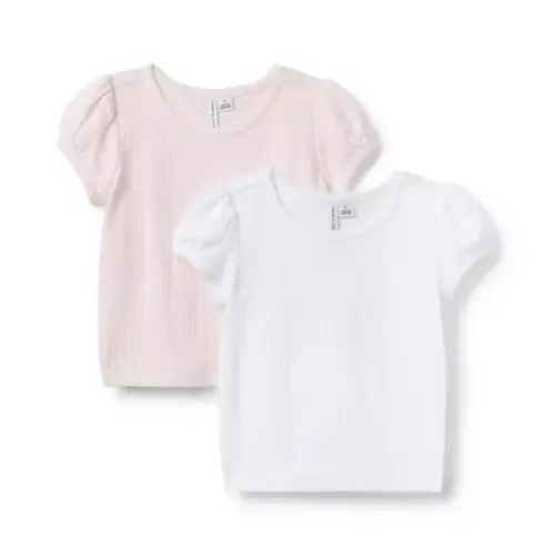 Girl White And Light Pink Pointelle Puff Sleeve Tee 2-Pack by Janie and Jack