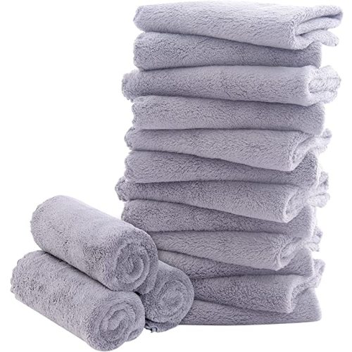 16 Pack Baby Washcloths - Luxury Coral Fleece - Extra Absorbent and Soft Wash Clothes for Newborn, Infants and Toddlers - Suitable for Sensitive Skin and New Born - Baby Shower - Light Grey,10x10 Inch