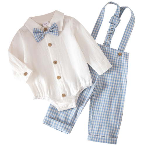 FYMNSI Baby Boy Suits Long Sleeve Clothes Infant Gentleman Outfit Dress Shirt with Suspenders Pants 0-3 Months Blue