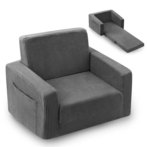 Jouha Kids Chair and Couch, 2-in-1 Fold-Out Kids Sofa, Soft Convertible Seating, Comfy Kids Chair for Boys and Girls, Grey