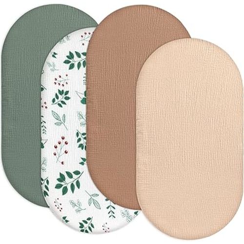 100% Muslin Cotton Baby Bassinet Sheets for Baby Boy Girls,4-Pack Fitted Bassinet Sheets Set Compatible with Halo Bassinest Swivel Sleeper,Baby Delight,Angelbliss,32"X16" (Leaf Series)
