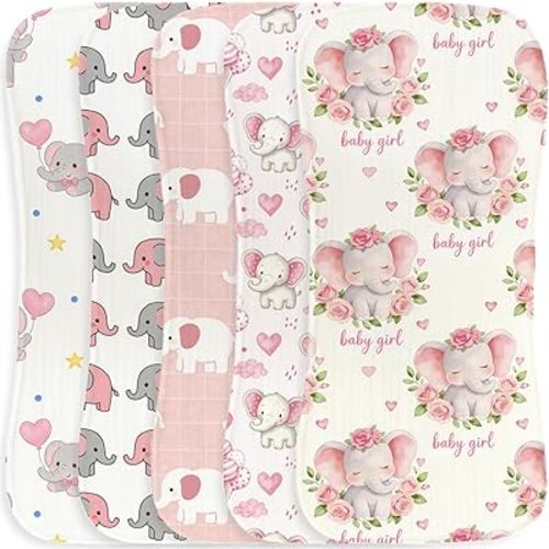 5pcs Elephant Burp Cloths for Baby Boys Girls Parent,100% Cotton Pink Elephant Themed Design Burp Rags, Muslin Burping Cloths Absorbent Spit-Up Cloths for Infant Newborns