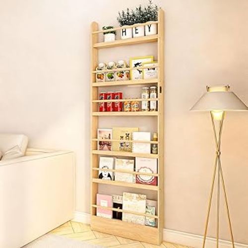 Behind The Door Bookshelf, Wooden Kids Bookshelf 6-Tier Organizer for Books and Toy Storage Wall Mount for Adult Space-Saving Book Shelf in Bedroom, Living Room, Playroom Wood