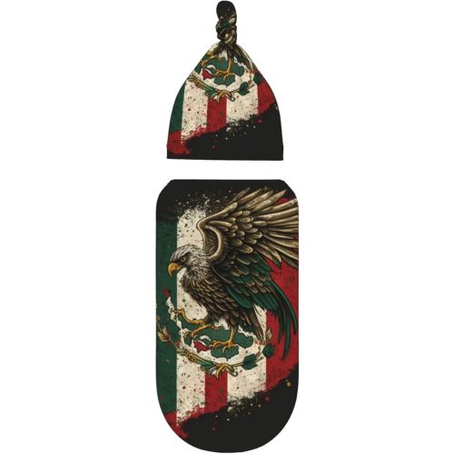 Newborn Swaddle Set Baby Receiving Blanket Infant Beanie Hat for Boys Girls, Eagle Flag of Mexico Mexican Flags