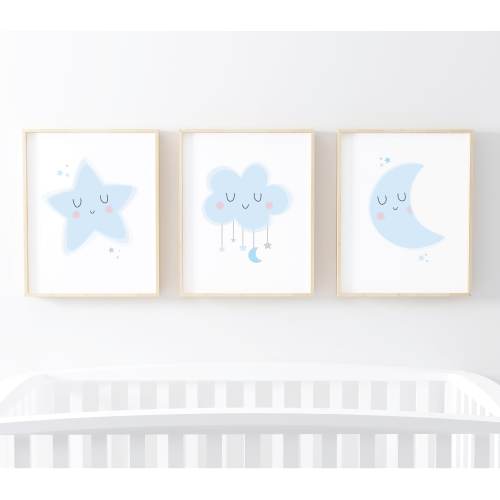 Boy Nursery wall art, Set of blue nursery prints, Cute star cloud and moon, Blue nursery decor, Boy room decor, Baby boy gift, kids wall art