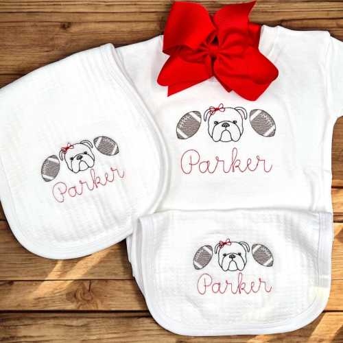 Bulldog Baby Outfit Gift Set: Embroidered Gameday Football Romper, Bib, Blanket
