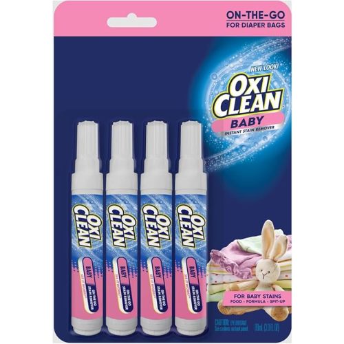 OxiClean Baby On-The-Go Stain Remover Pen, Instant Baby Clothes Stain Cleaner for Food Formula Spit-Up, Gentle Travel Size Laundry Stain Stick, Fragrance Free, 4 Pack, 22 mL Each