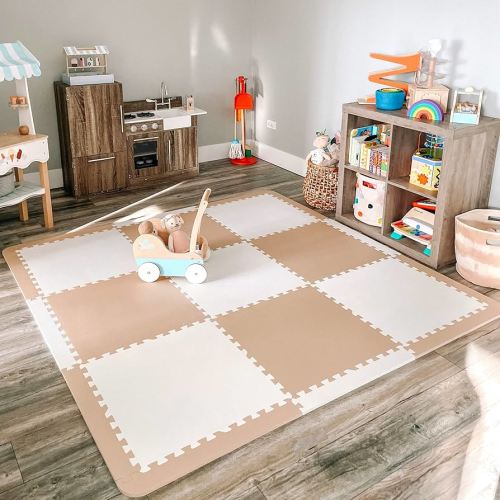 Extra Thick Baby Play Mat Tiles Non-Toxic Foam Floor Puzzle Mat Extra Large Interlocking Activity Playmat for Infants Toddlers Kids Crawling Tummy Time 74x74 Inches (Beige/White)