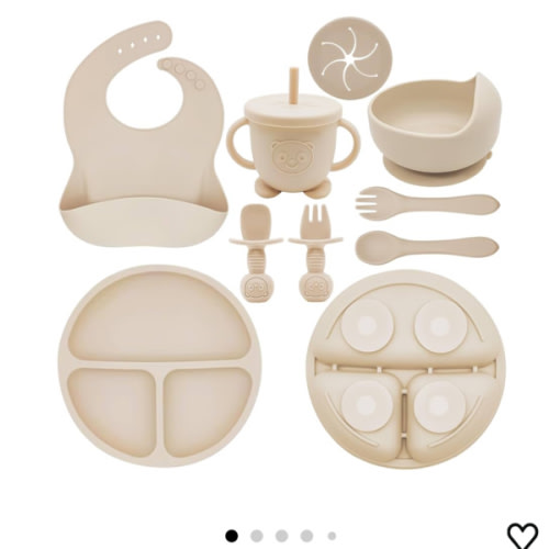 Silicone Baby Feeding Set | Baby Led Weaning Supplies Includes Suction Bowls and Divided Plates, Adjustable Bib, Baby Utensils Spoons and Forks,Cup | Baby Feeding Essentials (Beige)