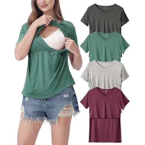 Rnxrbb 4 Pack Nursing Tops for Breastfeeding Summer Short Sleeve T Shirts V Neck Postpartum Clothes