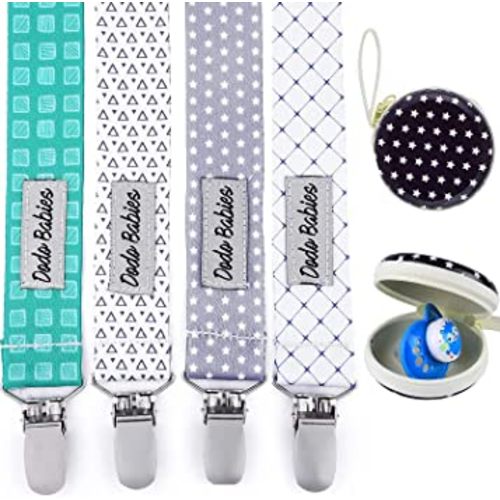 Dodo Babies Pacifier Clip Set - Universal Pacifier Holder for Boys & Girls - Multipurpose Baby Clip Secures Teethers - Travel Case Stores Baby Essentials - Teal, Blue & Grey