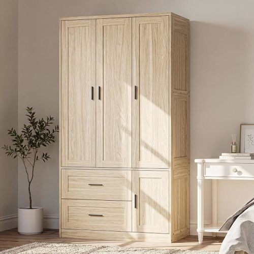 ANCTOR 70.6 Inch Armoire Wardrobe Closet with Drawers (Light Oak) | Modern Farmhouse Style / Hanging Rod / Adjustable Shelves / 2 Drawers / Concealed Storage / Soft-Close Hinges