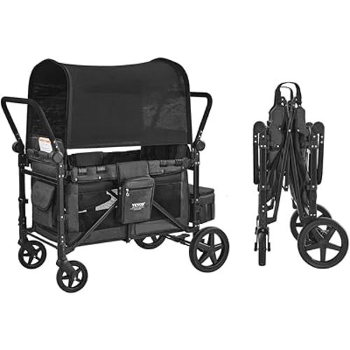 VEVOR Wagon Stroller for 4 Kids, Push Pull Quad Collapsible Stroller with Adjustable Handle, Safety Harness & Removable Canopy, 4-Seater Stroller Wagon for Camping, Dark Gray & Black (330LBS Loading)