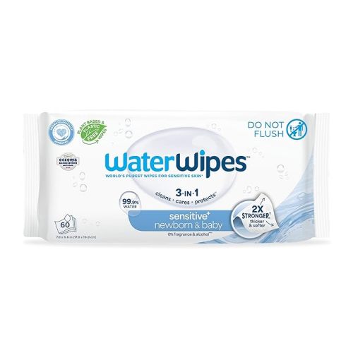 WaterWipes Sensitive+ Newborn & Baby Wipes, 3-In-1 Cleans, Cares, Protects, 99.9% Water, Unscented & Hypoallergenic, 60 Count