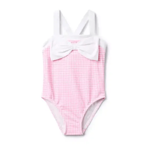Girl Tulip Pink Gingham Recycled Gingham Bow Swimsuit by Janie and Jack