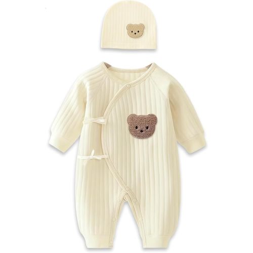 Newborn Baby Onesie with Hat,100% Cotton Cute Bear Long Sleeve Baby Grows Bodysuit, Soft Infant Newborn Boy's Girl's Clothes