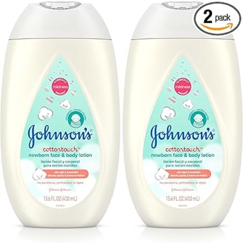 Johnson's CottonTouch Newborn Baby Face and Body Lotion, Hypoallergenic Moisturization for Baby's Skin, Made with Real Cotton, Paraben-Free, Dye-Free, 13.6 fl. oz (Pack of 2)