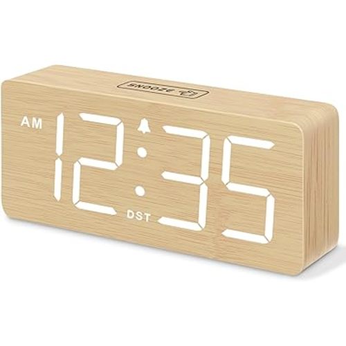 DreamSky Wooden Digital Alarm Clock for Bedroom - Desk Clocks for Living Room with Large Numbers, Dimmer, Loud Alarm for Heavy Sleepers with Volume Control, DST, Office Wood Decor (Plug in Clock)