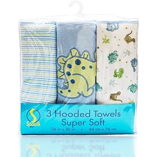 Spasilk 3-Piece Hooded Towel Set for Newborn Boys and Girls, Soft Terry Baby Towels, Baby Essentials, Blue Dino