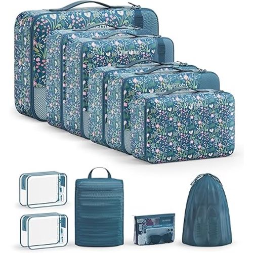 11 Set Packing Cubes for Travel,Gifts for Women Mom Kids,TSA Approved Bags for Makeup,Cosmetic,Toiletry, Suitcase Organizers for Checked Luggage,Cruise Essentials,Airplane Accessories,Dark Blue Floral
