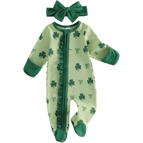 St Patricks Day Baby Girl Outfit Infant Newborn Footie Waffle Knit Romper Zippers Ruffle Jumpsuit Shamrock Clothes