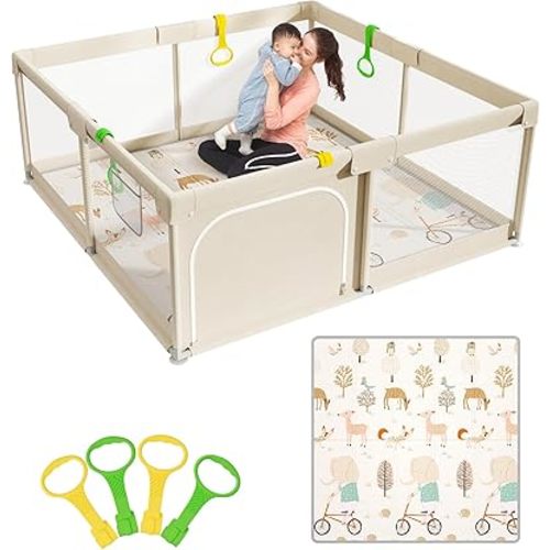 Mloong Baby Playpen with Mat - 59x59 Inches Extra Large Playpen for Babies and Toddlers, Indoor & Outdoor Activity Center, Safety Baby Fence