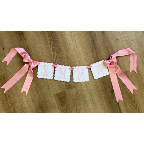 Custom Baby Name Banner - Pink Ribbon & Pink Embroidered Letters for Baby Girl Nursery, Birthday or Shower Decor