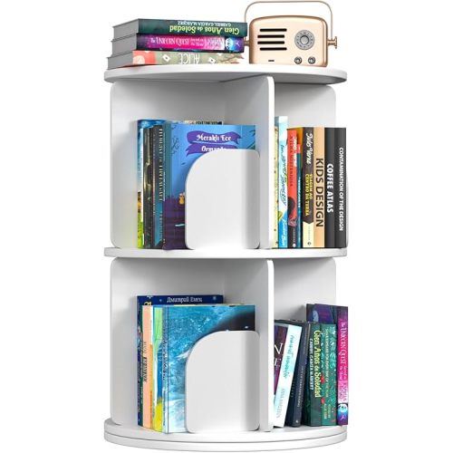 Kryonix Rotating Bookshelf, Spinning Bookshelf Tower 2 Tier, 360° Revolving Bookcase Lazy Susan, Multi-Functiona Corner Round Turning Book Shelf Organizer for Small Spaces(White)