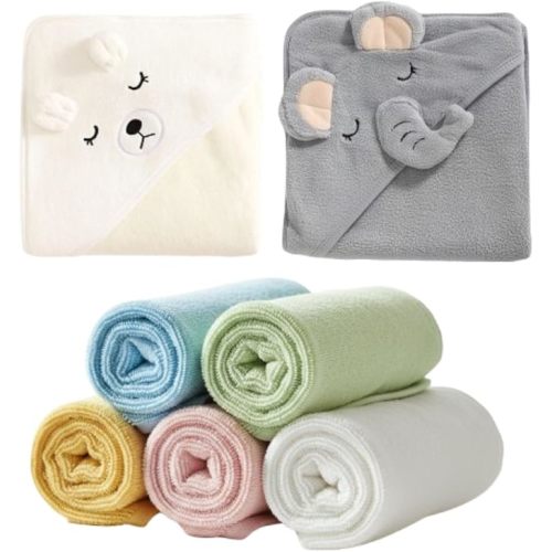 Kalos Hooded Baby Towel for Newborn - Large Baby Bath Towels with Hood for Boys, Girls, Toddler, Extra Absorbent & Soft Newborn Bath Essentials,2 Bath Towel Set with 5 Wash Cloths (White & Grey, 2pcs)