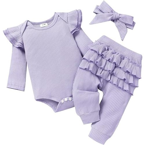 Baby Girl Clothes Newborn Romper Long Sleeve Infant Outfits 3Pcs Ruffle Tops + Pants + Headband
