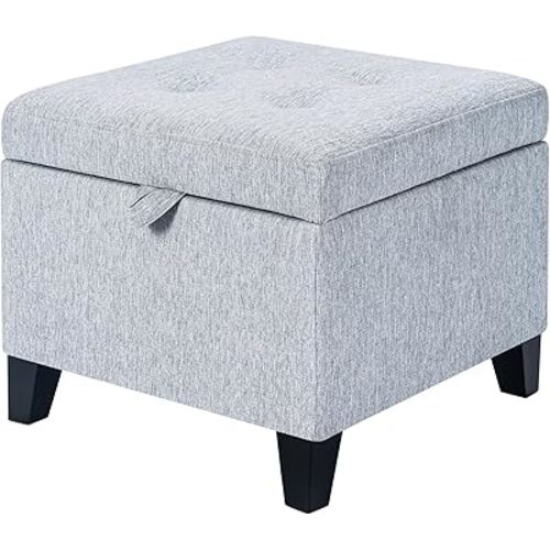 Adeco 18 Inch High Cube Ottoman Storage, Linen Chair Foot Stools, Upholstered Vanity Stool with Hinged Lid, Solid Wood Legs