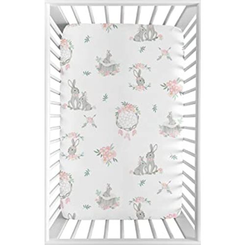 Sweet Jojo Designs Blush Pink and Grey Woodland Boho Dream Catcher Arrow Gray Bunny Floral Baby Girl Baby Nursery Fitted Mini Portable Crib Sheet - Watercolor Rose Flower