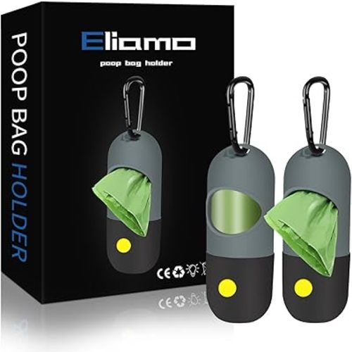 2 Pack Dog Poop Bag Dispenser with Built-in LED Flashlight, Pet Waste Bag Holder for Leash with Carabiner Clip for Lead Leash, 2 Rolls Leak-proof Doggy Waste Bags for Dog Walking, Grey