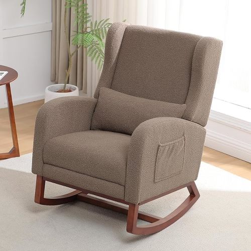 HCHAIRH Rocking Chair with Foot Rest, Teddy Wingback Nursery Rocking Chairs, Nursing Glider Rocker Chair with Pillow and High Back for Nursery, Living Room, Bedroom