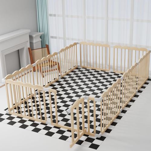 Baby Playpen, Wooden Playpen for Babies and Toddlers, Large Adjustable Wooden Baby Playard with Locking Gate, Easy to Assemble, Portable Play Pen, Infant Play Pen Play Area(102x67x24 Inch)
