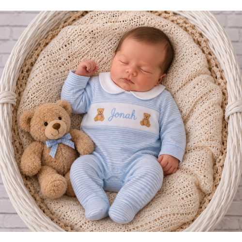 Baby Boy Coming Home Outfit- Monogrammed Baby Boy Footie Romper: Teddy Bear Coming Home Outfit