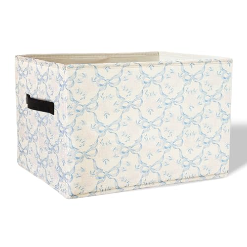 Coquette Blue Bow Floral Storage Basket Bins With Handles for Girls Kids, Bow Floral Pattern Foldable Laundry Basket for Girls Room Nursery Bedroom Bathroom Clothes Toys Books