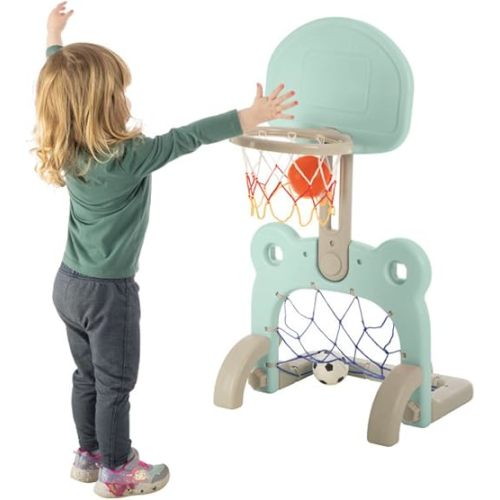HEY! PLAY! 2-in-1 Toddler Basketball Hoop and Soccer Goal - Kids Basketball Hoop with 27 Adjustable Height Levels - Indoor/Outdoor Playset Sports Activity Center (Blue)