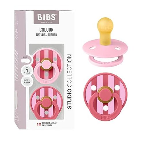 BIBS Pacifiers - Studio 2 Pack | Round Nipple Baby Pacifier | BPA Free Natural Rubber Latex Soother | Made in Denmark | Size 0+ Months | Block Baby Pink Coral