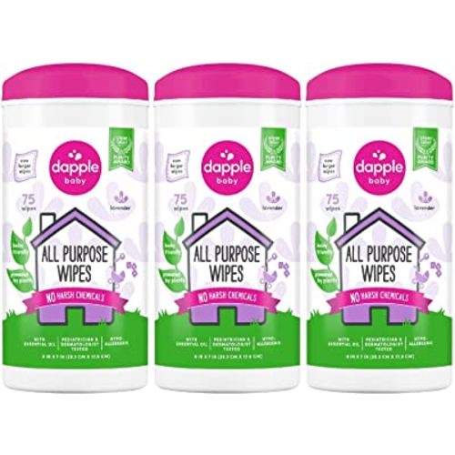 Dapple Baby All Purpose Wipes, Plant Based, Hypoallergenic, Lavender, Clear, 75 Count, Pack of 3