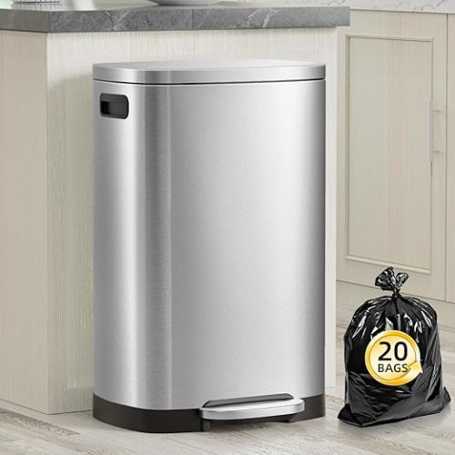 13 Gallon Trash Can with Lid, 50L Fingerprint Proof Stainless Steel Kitchen Trash Can with Removable Inner Bucket and Lid Soft Close, Pedal Rubbish Bin for Home Office