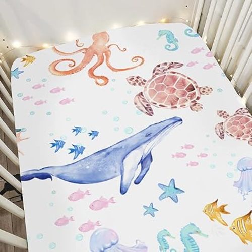 Colorful Ocean Animals Baby Crib Sheets for Boy Girl 52x28 Whale Turtle Jellyfish Sea Horse Corals Soft Snug Fitted Crib Mattress Cover Marine Animals Baby Sheet for Standard Crib & Toddler Mattress