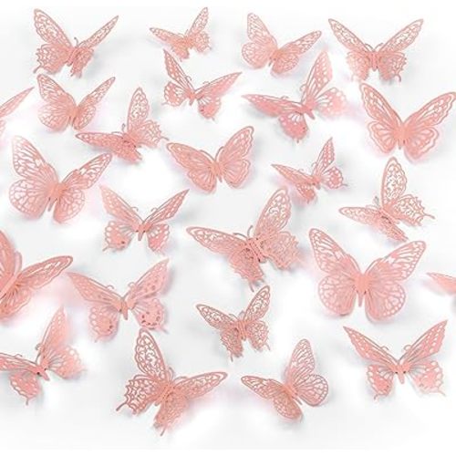 Butterfly Wall Decor, 48pcs 3D Butterfly Stickers in 3 Sizes & 4 Styles for Balloon Arch & Cake Decorations, Cute Decals for Girls Room & Birthday Party, Pearl Pink