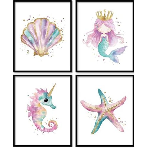 foedor Ocean Nursery Decor Wall Art Set of 4, Beach Ocean Room Decor Baby Stuff,Starfish Seahorse Sea Shell Wall Decor for Girls Bedroom Kids Room Bathroom, 8x10 Unframed