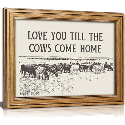 Vintage Gold Framed Cow Wall Art, Western Cowboy Country Landscape Painting Canvas Prints, Romantic Quotes Family Love Picture Wall Decor, Rustic Farmhouse Artwork for Living Room Bedroom 9x11 in