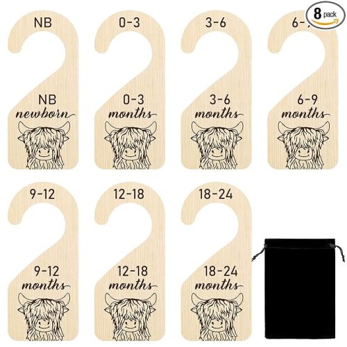 R HORSE 8Pcs Highland Cow Baby Closet Dividers, Double Sided Baby Closet Organizers Nursery Hanger Dividers Wood Size Dividers for Boy Girl Birthday Christmas Gift (0-24 Months)